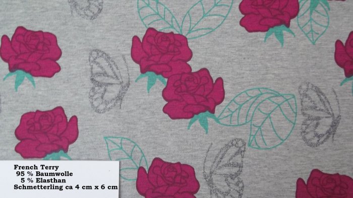 French Terry geraut Rosen mit Glitzer Schmetterling Grau oder Schwarz